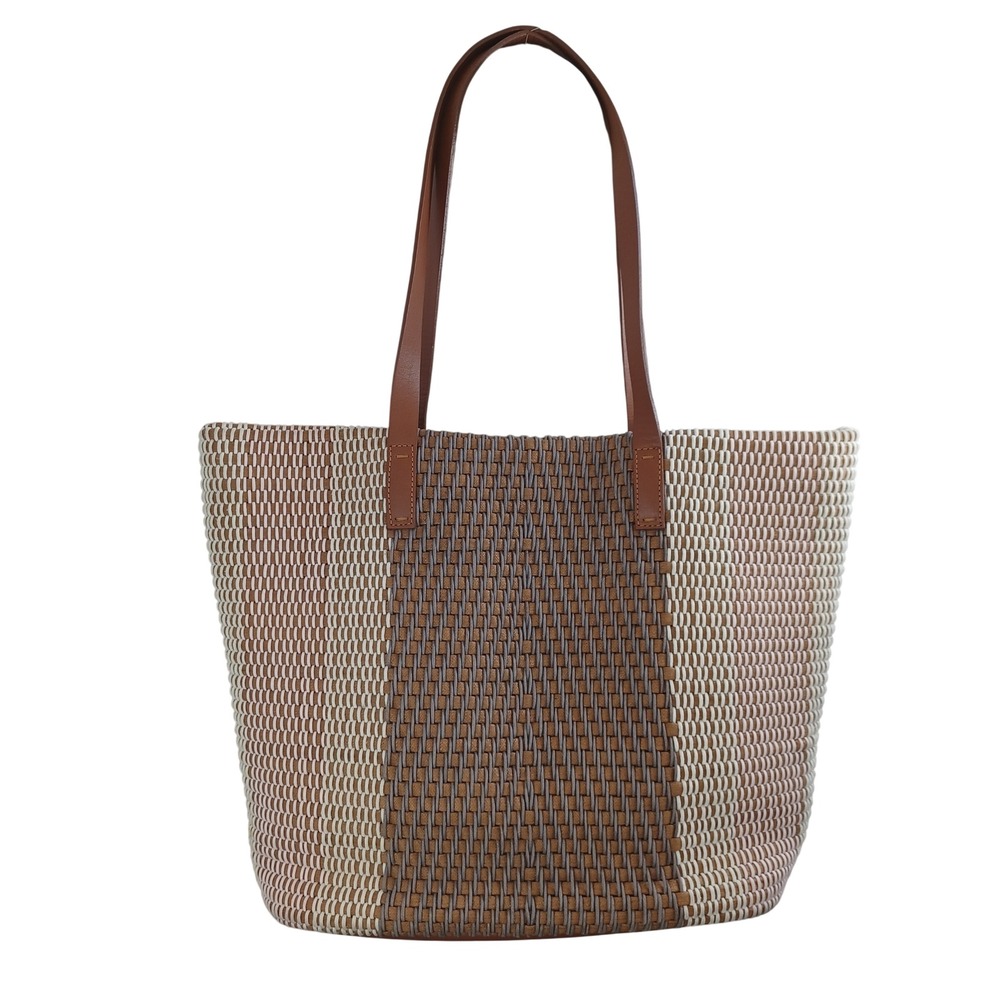 Lucky Brand Woven Tote Bag‎ Leather Straps Tan Cream Grey Boho Shoulder Bag